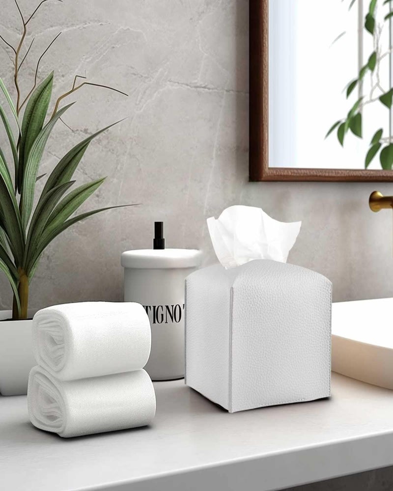 JESMINI Tissues Cube Box Cover Leather – with Bottom Belt [, Light Gray] Decorative Tissue Box Cover for Bathroom Vanity Countertop/Night Stands/Office Desk - Image 5